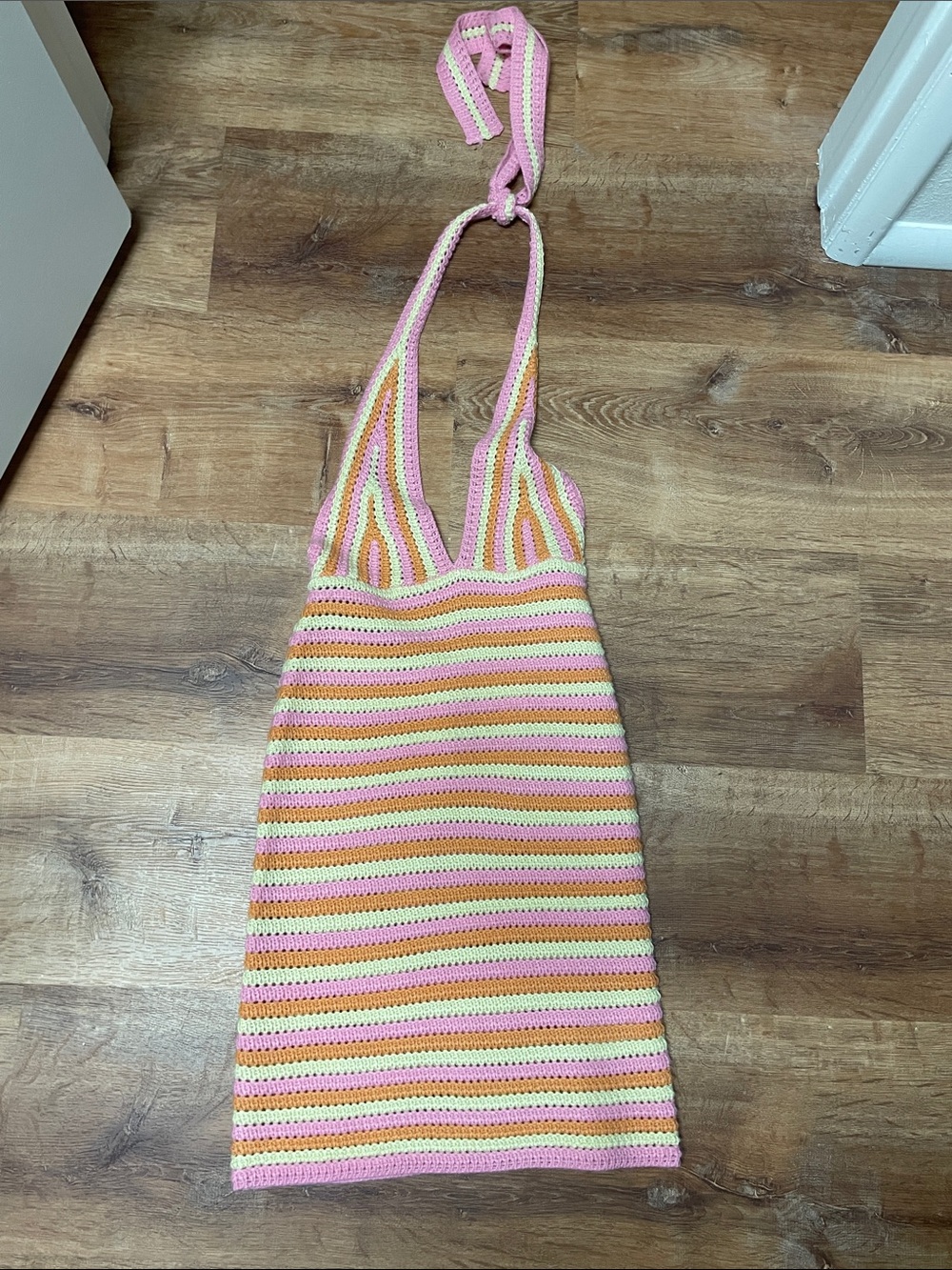 Peppermayo Striped Crochet Halter Dress in Pink, Yellow & Cream